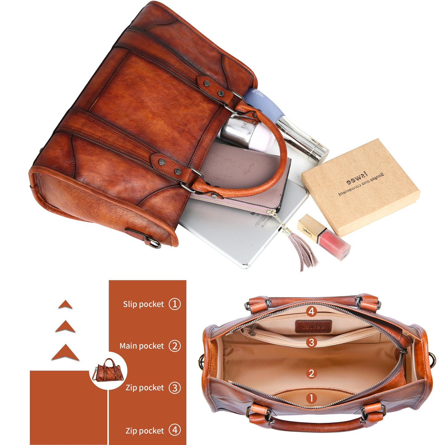 Iswee Brown Purses for Women Satchel Handbags Shoulder Bag Leather Tote Bag Large Crossbody Bag Hobo Ladies Vintage Purse (Dark Brown)