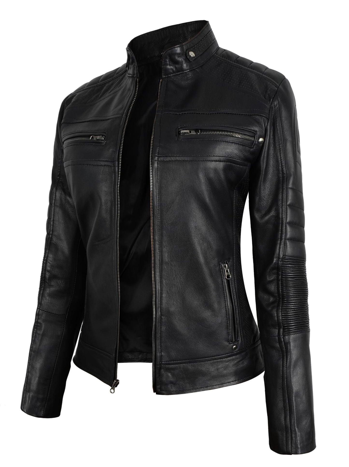 STOREJEES Black Leather Jacket Women Slim Fit | Cafe Racer Black, S Jacket