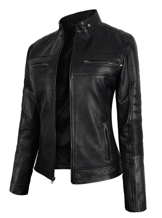 STOREJEES Black Leather Jacket Women Slim Fit | Cafe Racer Black, S Jacket