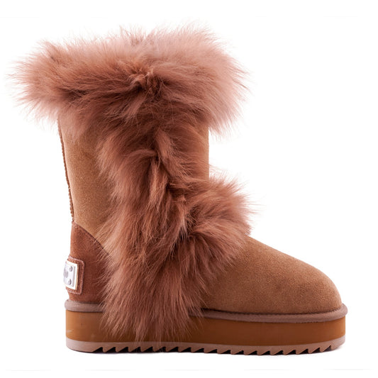 AUSLAND Waterproof Genuine Suede Platform Boots for Women Furry Winter Short Boot Ladies Fur Boots 4.5US Chestnut 99256 35EU