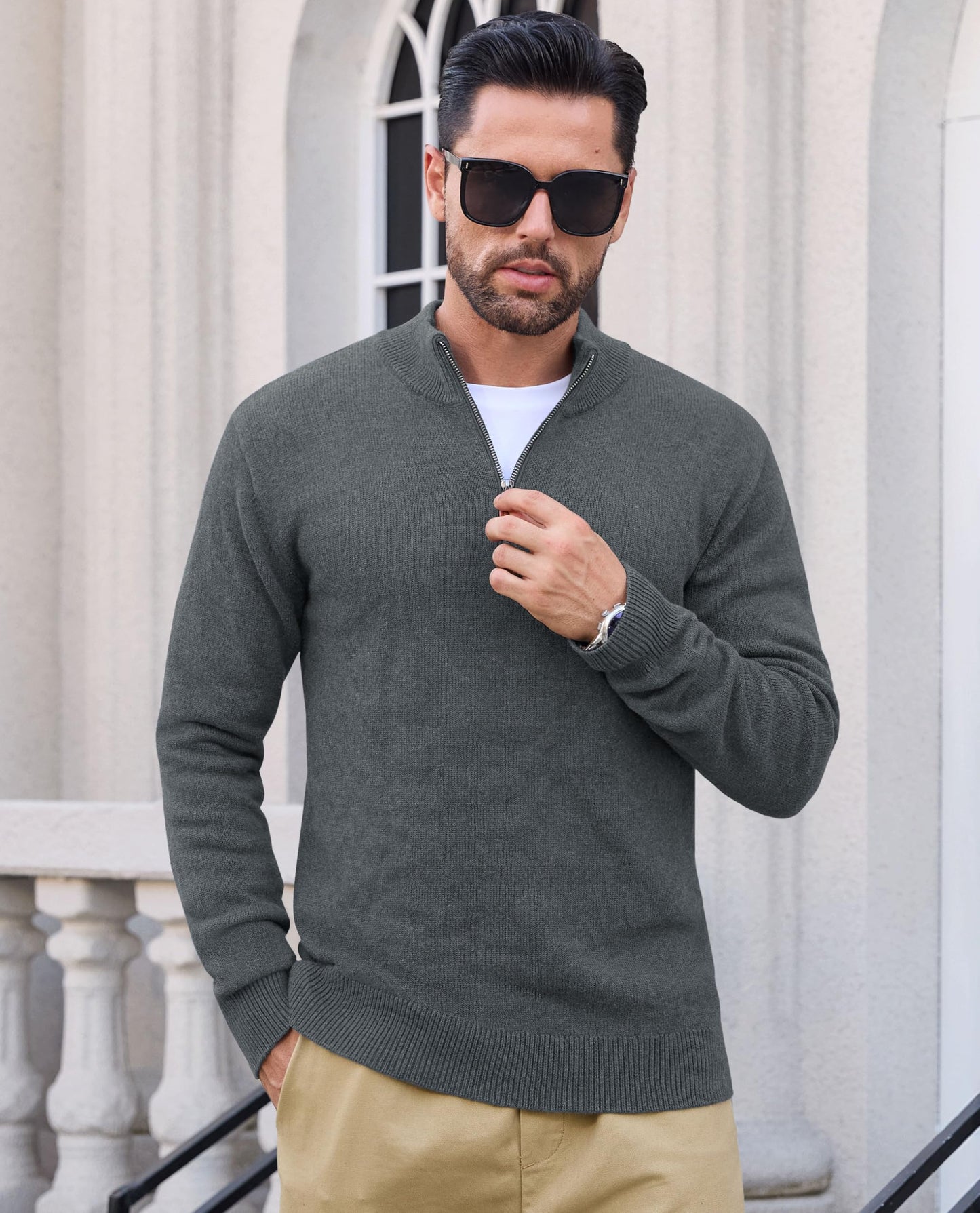 EKLENTSON Mens Turtleneck Sweater 1/4 Zip Pullover Mock Turtleneck Winter Thermal Dress Pullover Zipper Sweater Dark Grey XL