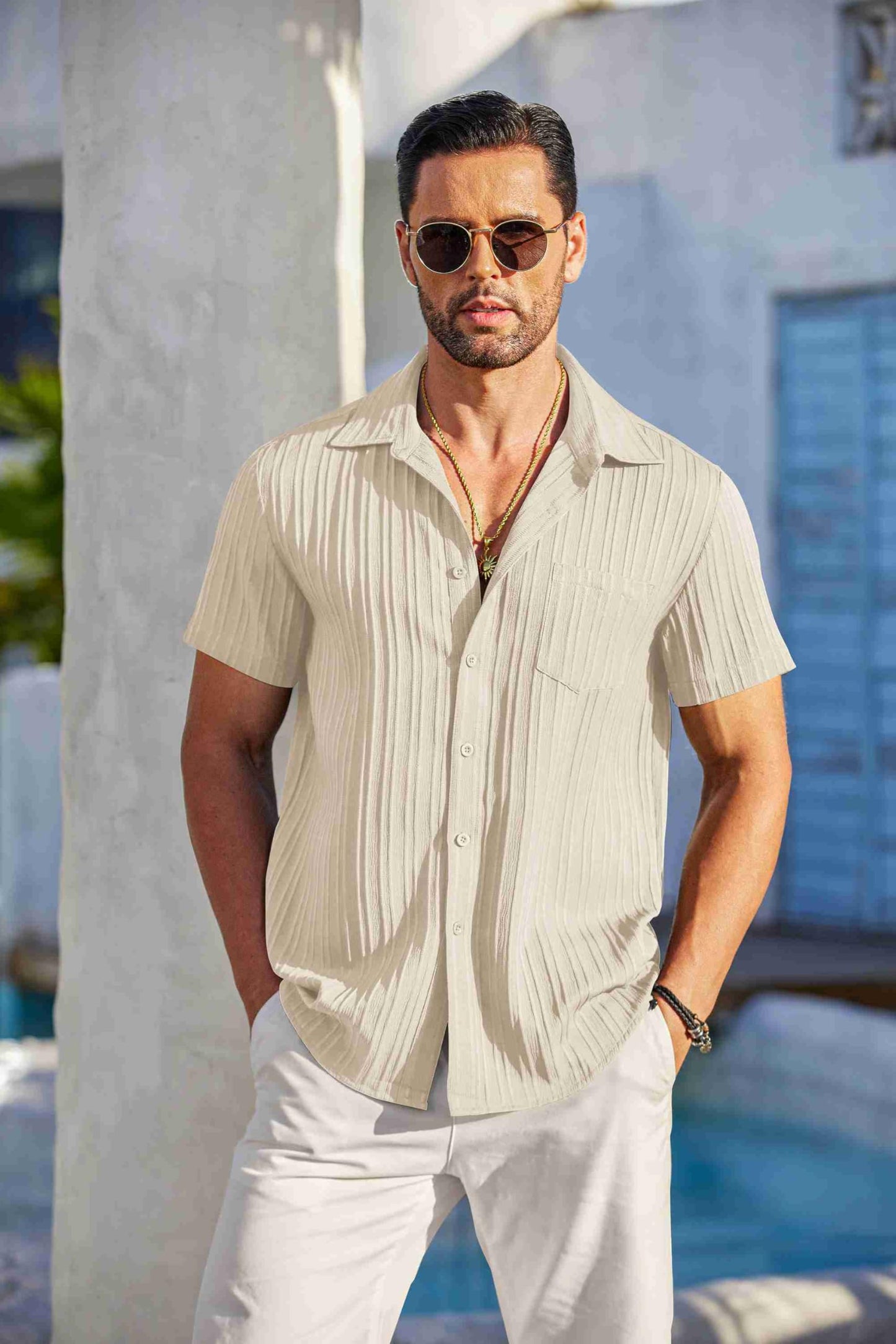 COOFANDY Men's Summer Linen Shirts Short Sleeve Button Down Shirts for Men Fashion Beach Casual Shirt Beige