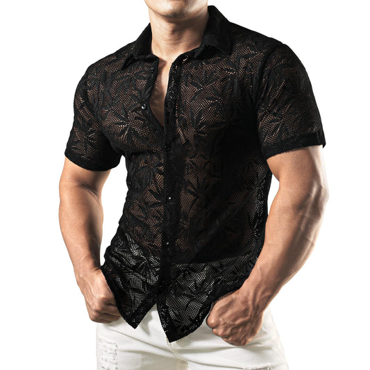 JOGAL Mens Floral Lace Shirt See Through Casual Button Down Shirts Deep Black Small