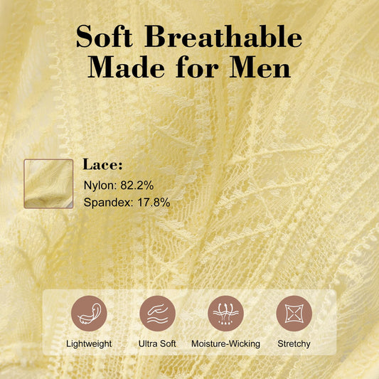 BSZN Men's Sexy Thong, Yellow Lace Detachable Chain Piercing Ring Bulge Pouch Mid Rise Sunny Wild Sexy Lingerie
