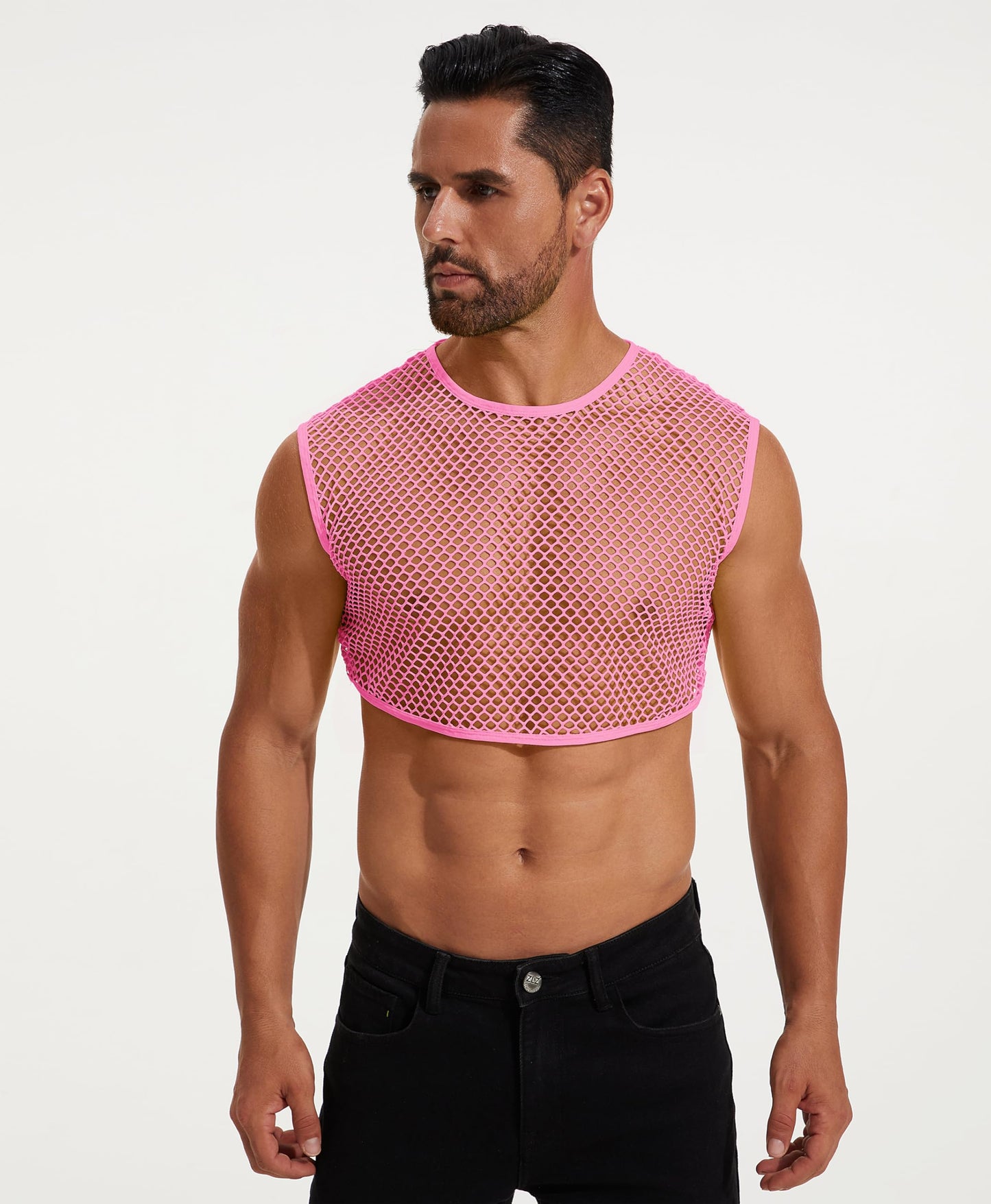 ABAFIP Men's Fishnet Crop Tank Top Sleeveless Mesh Tank Tops Sheer Fishnet Rave Top Muscle Shirts Summer Half Undershirts Pink XX-Large