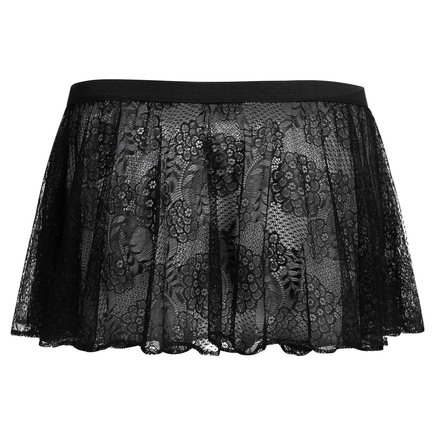 ABAFIP Sissy Skirts for Men Crossdressing Lingerie Sheer Lace Floral Flared Pleated Micro Mini Skirt Nightwear Underwear Black One Size
