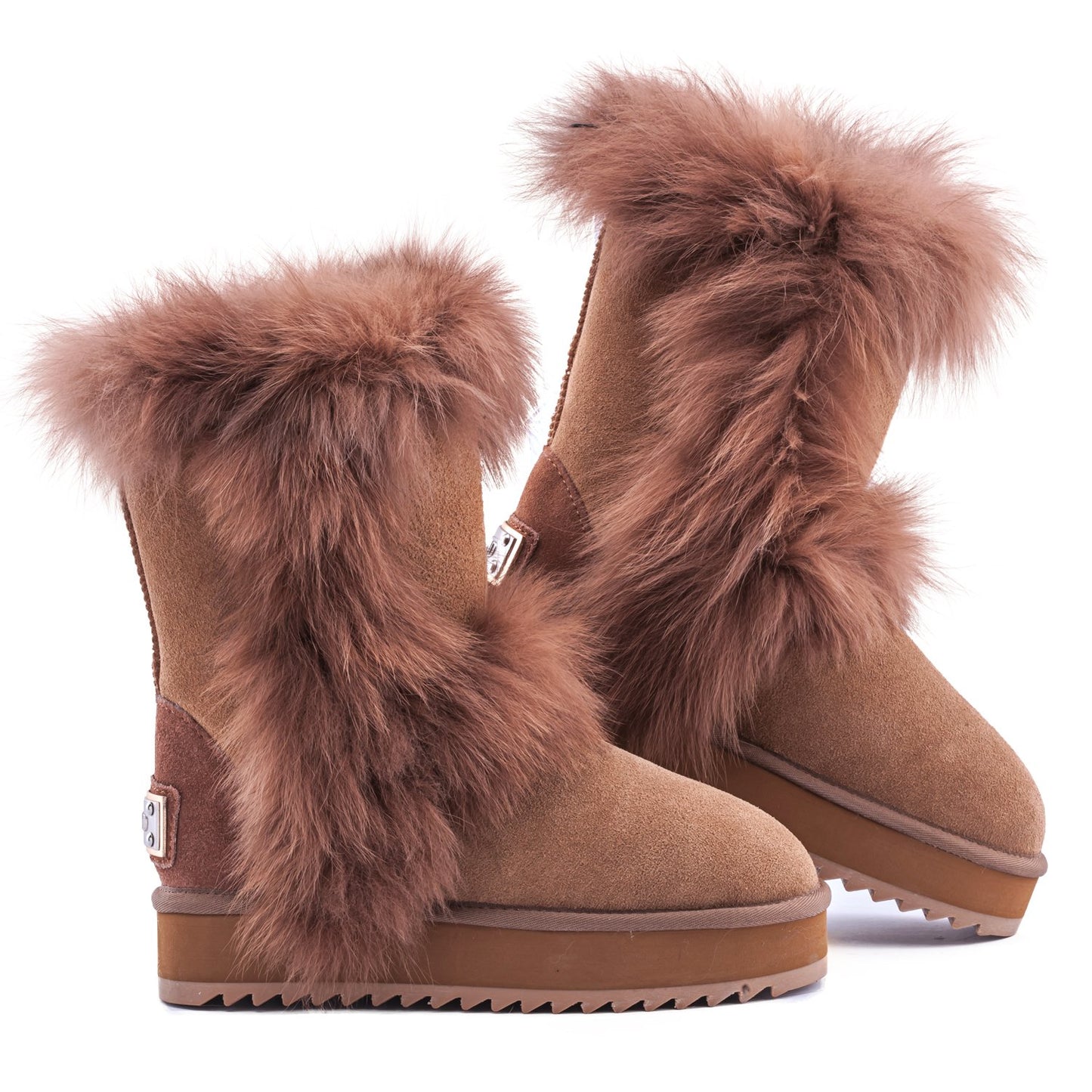 AUSLAND Waterproof Genuine Suede Platform Boots for Women Furry Winter Short Boot Ladies Fur Boots 4.5US Chestnut 99256 35EU