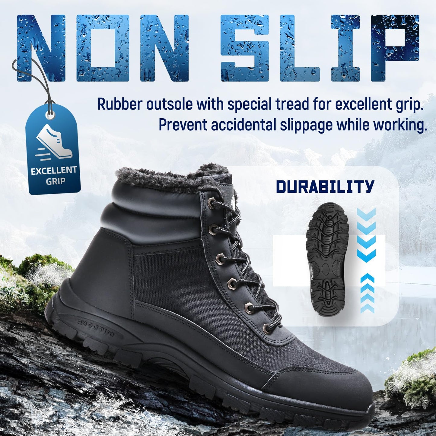 ANGRYRAM Winter Steel Toe Boots for Men Women Comfortable Warm Faux Fur Slip Resistant Snow Work Boots