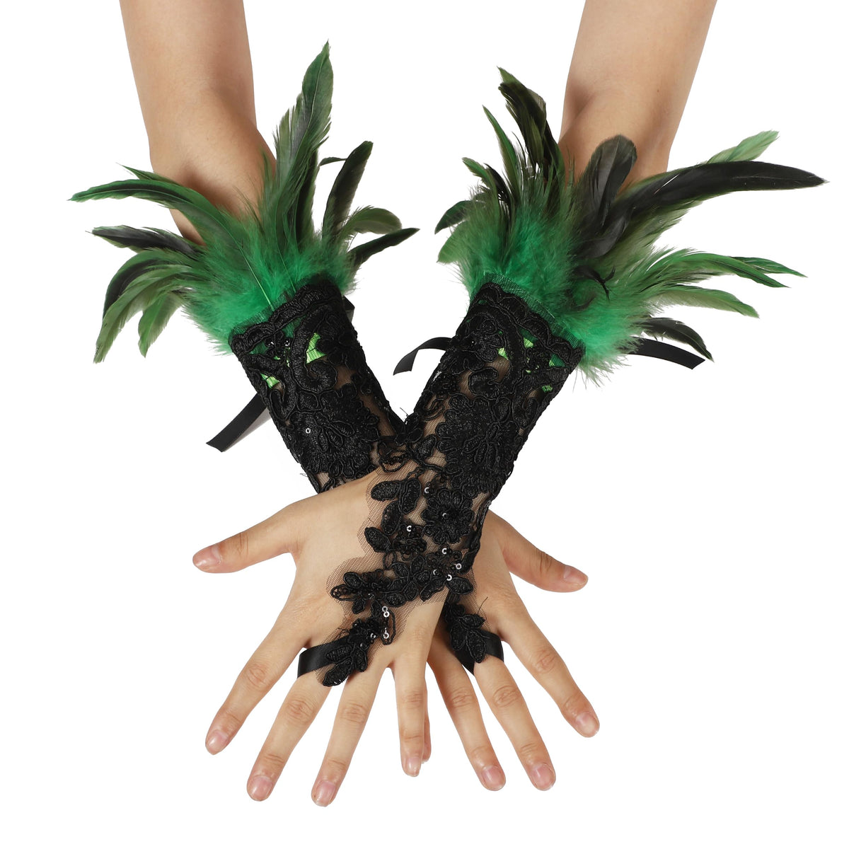 Rulala Fancy Feather Lace Gloves Gothic Long Sleeved Wrist Cuffs Women Halloween Costume(Green)