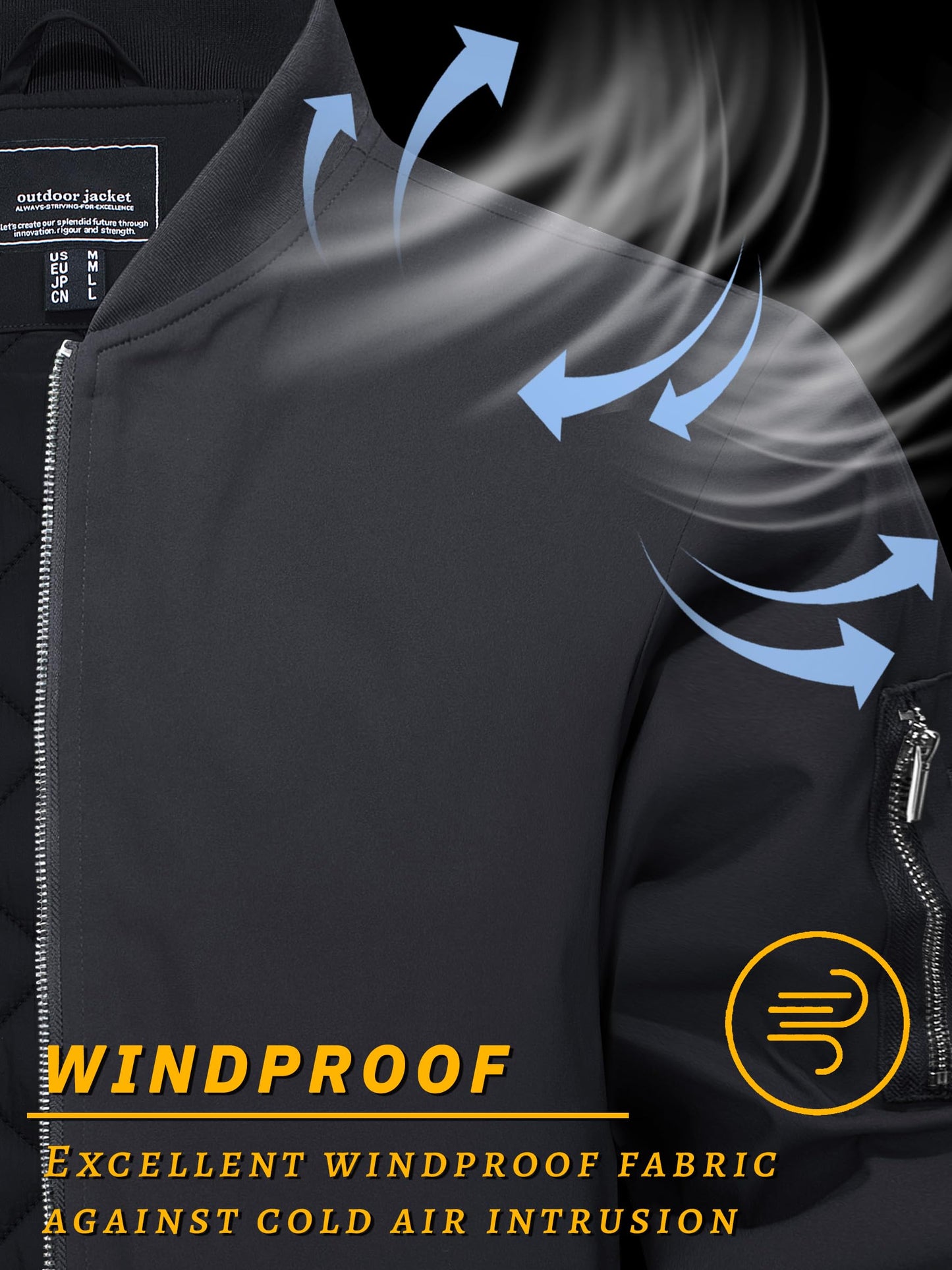 TACVASEN Men's Bomber Jackets Thermal Quilted Jacket Water Resistant Warm Winter Coats with 4-Pockets Black L