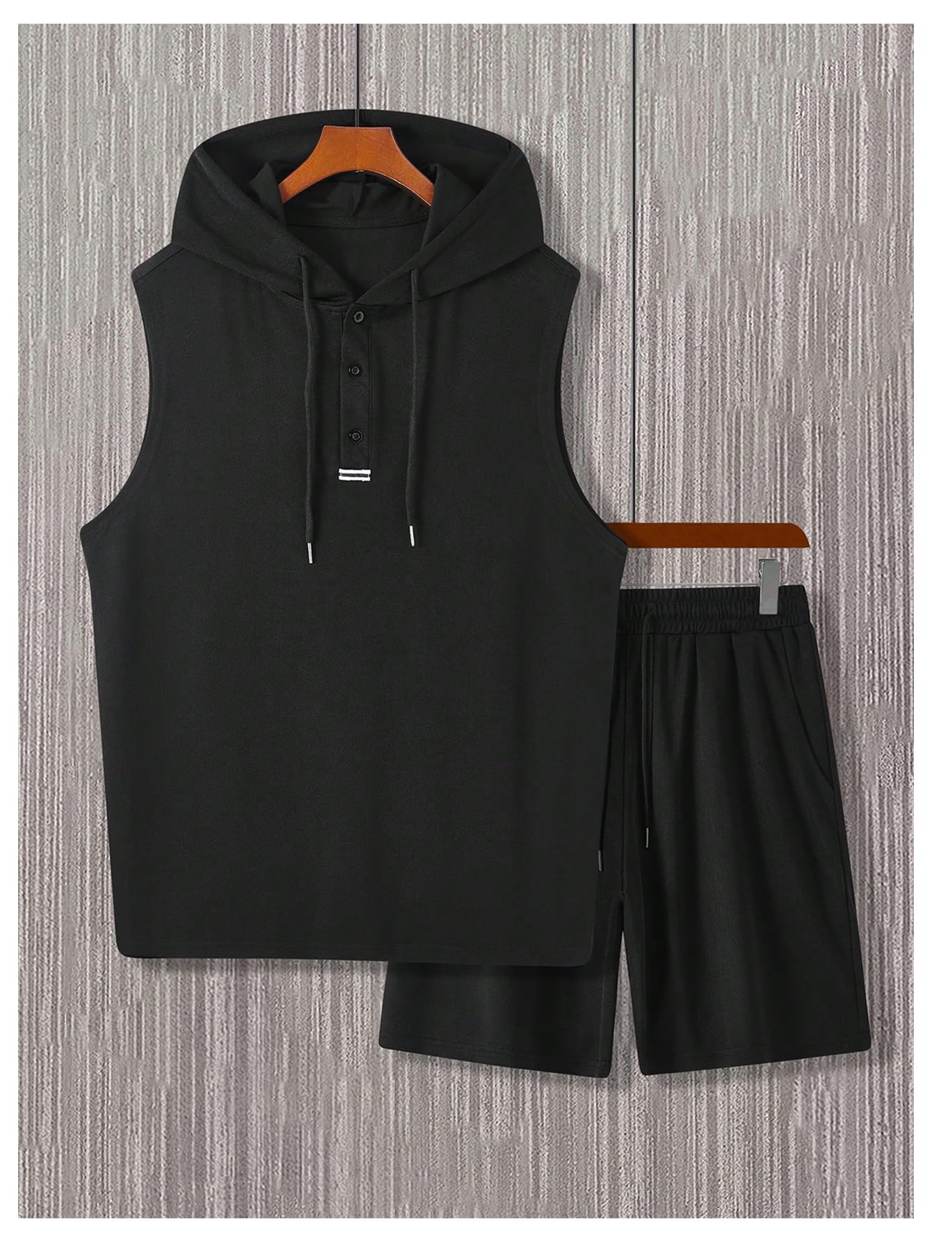 OYOANGLE Men's Sleeveless Workout Hoodie and Shorts Set 2 Piece Outfits Hooded Tank Tops Gym Tracksuit Sweatsuits Black Medium
