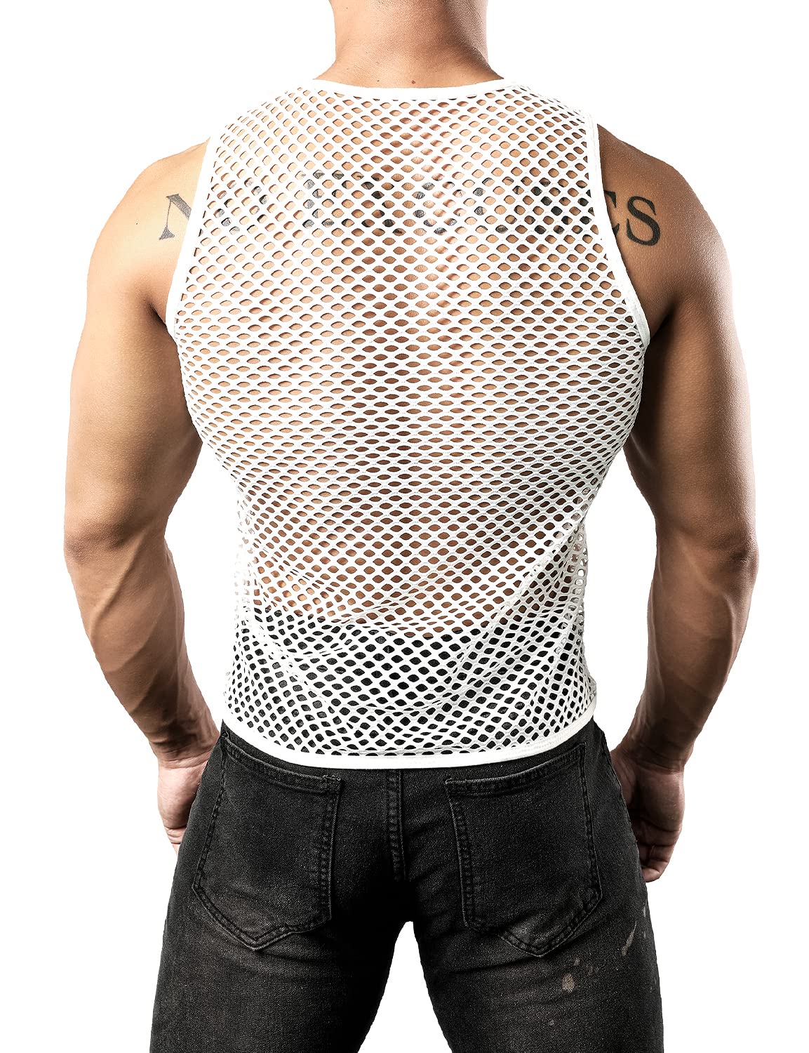 JOGAL Men's Mesh Fishnet Fitted Sleeveless Muscle Top Medium WG01 White