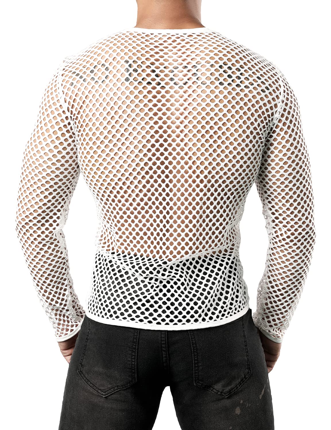 JOGAL Men's Mesh Fishnet Fitted Long Sleeve Muscle Top Medium WG04 White