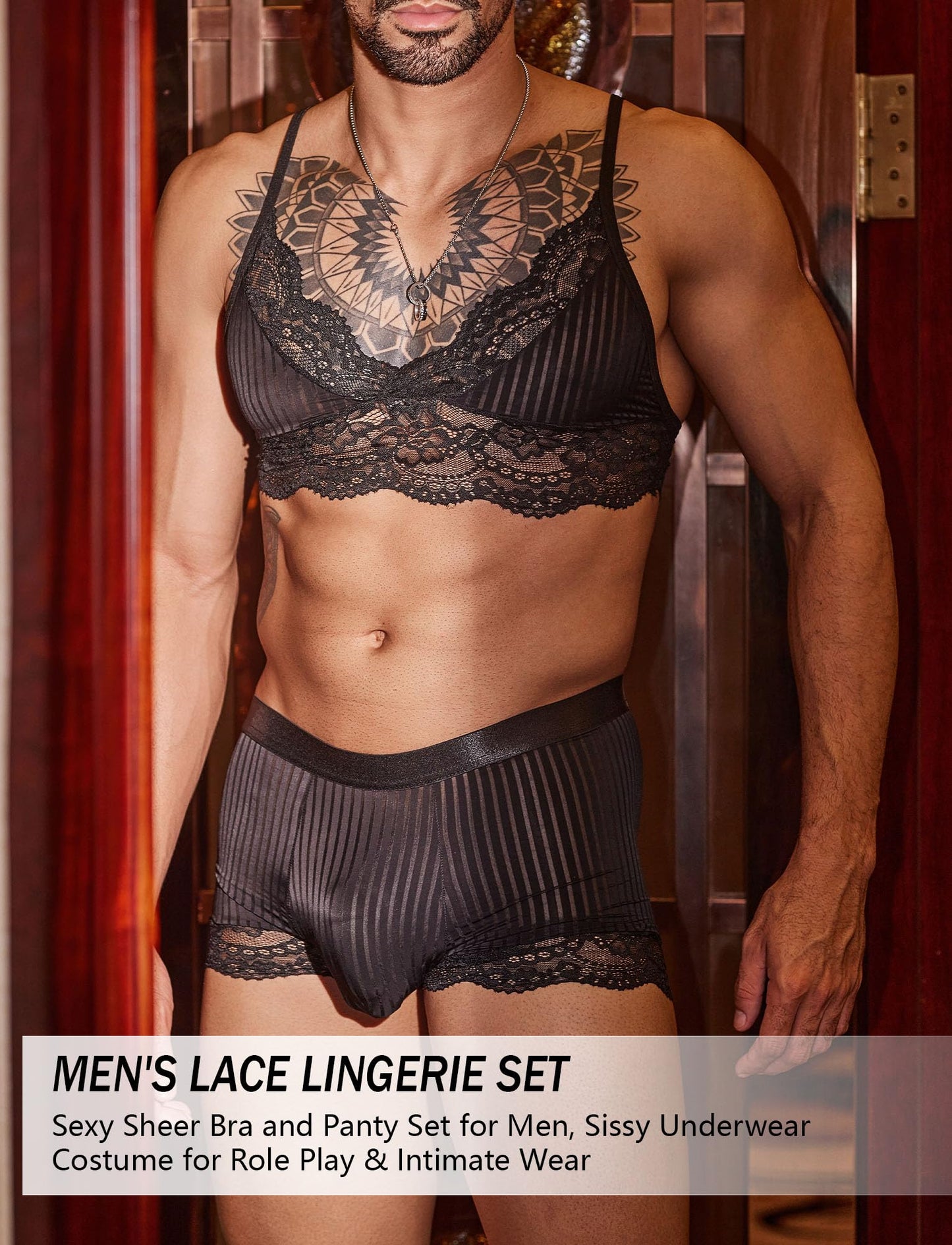 Men's Sissy Bra Floral Lace Panties Outfits Boxers Bikini Briefs Underwear Clubwear Sleepwear Black Set