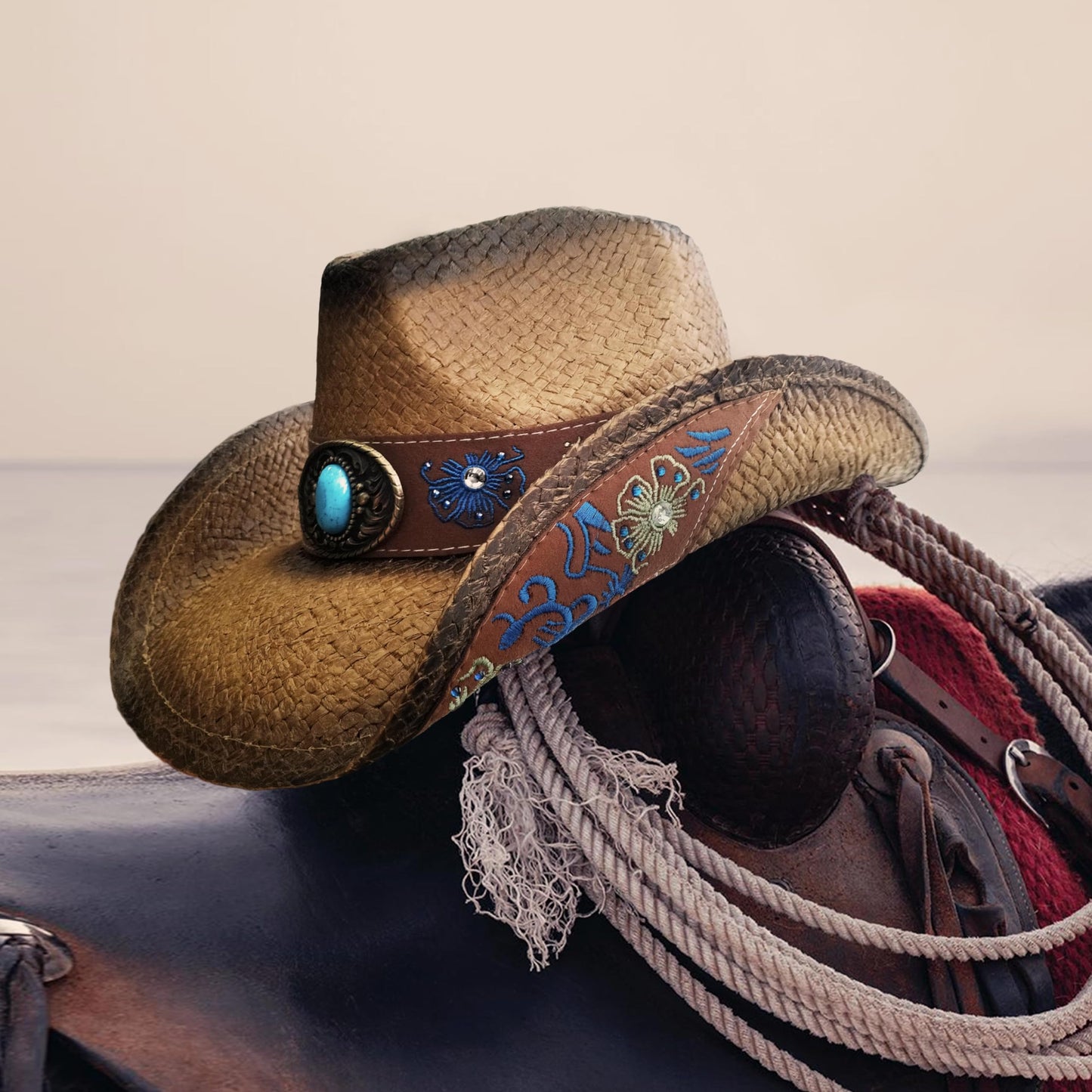 FLUFFY SENSE. Cowboy Hats for Women and Men Straw Western Hat Embroidered Cowboy Hat for Cowboys and Cowgirls (US, Alpha, Medium, Large, Brown)
