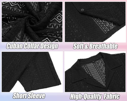 URRU Mens Floral Lace Shirt Short Sleeve Hollow Out Sheer See Through Casual Button Down Shirts Black Wave S