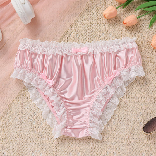 Men's Satin Silk Underwear Ruffle Lace Sissy Panties Bowknot Crossdress Silky Knickers Briefs Pink X-Large
