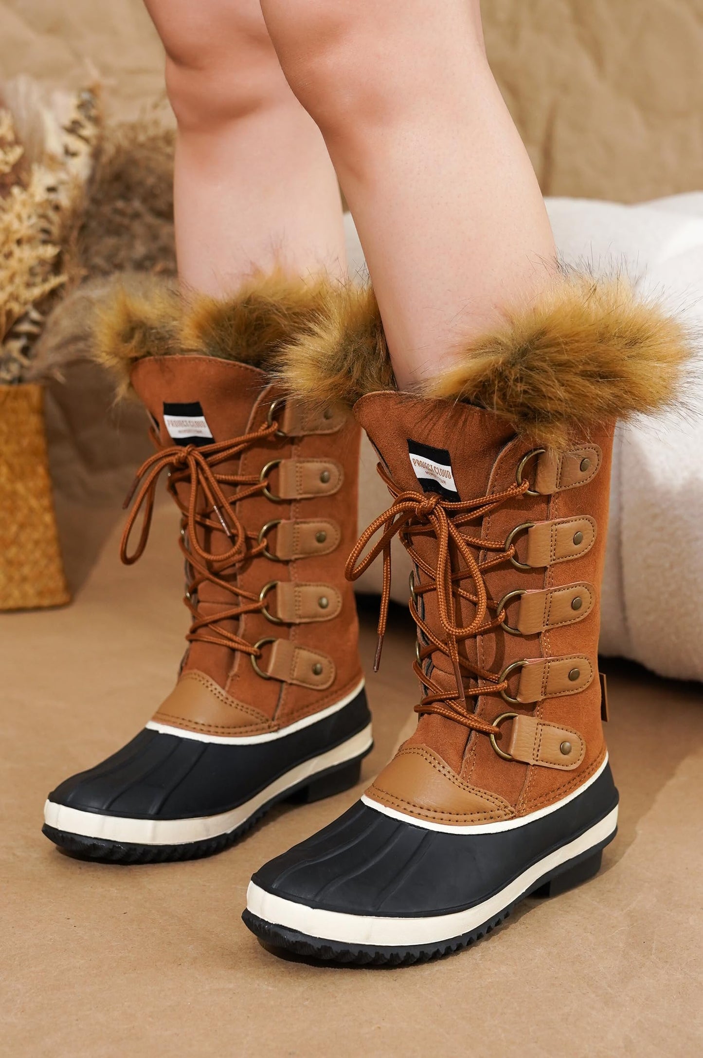 Project Cloud Womens Snow Boots - Genuine Leather Memory Foam Insole Fur Mid-Calf Winter Snow Boots for Women Footwear - Lightweight Non-Slip Outdoor Shoes (Ventura,TAN,7)