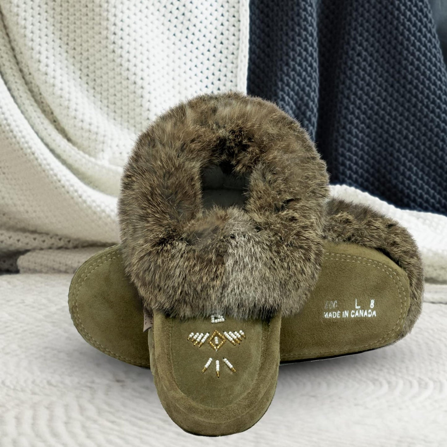 Laurentian Chief Moccasin Slippers for Woman - Orlon Beaded Slippers with Fur Trim and Padded Sole, Canada Quality Womens, Comfortable Stylish Indoor Moccasins for Women