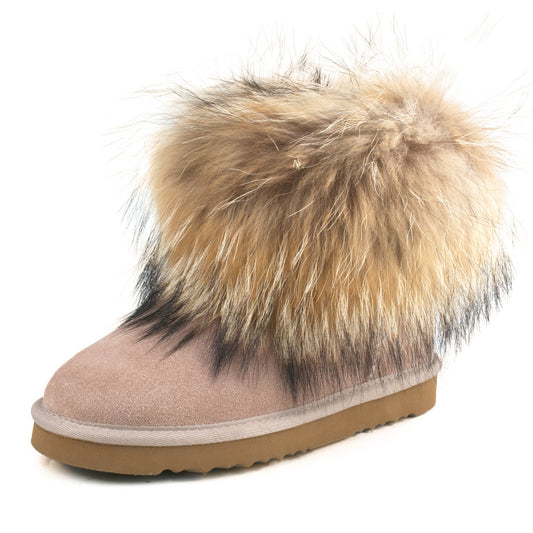 AUSLAND Genuine Suede Waterproof Boots for Women Furry Fur Winter Ankle Boots Warm Fluffy Snow Boot 9.5US Sand 99251 40EU