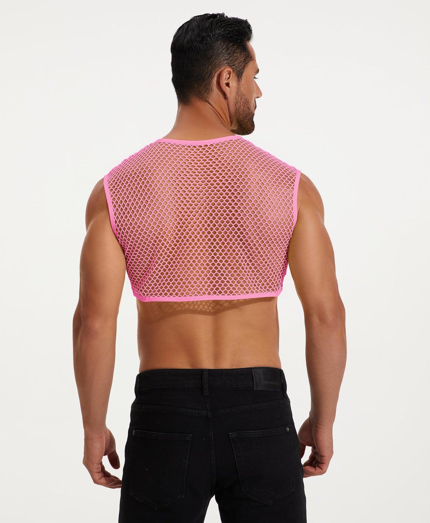 ABAFIP Men's Fishnet Crop Tank Top Sleeveless Mesh Tank Tops Sheer Fishnet Rave Top Muscle Shirts Summer Half Undershirts Pink XX-Large