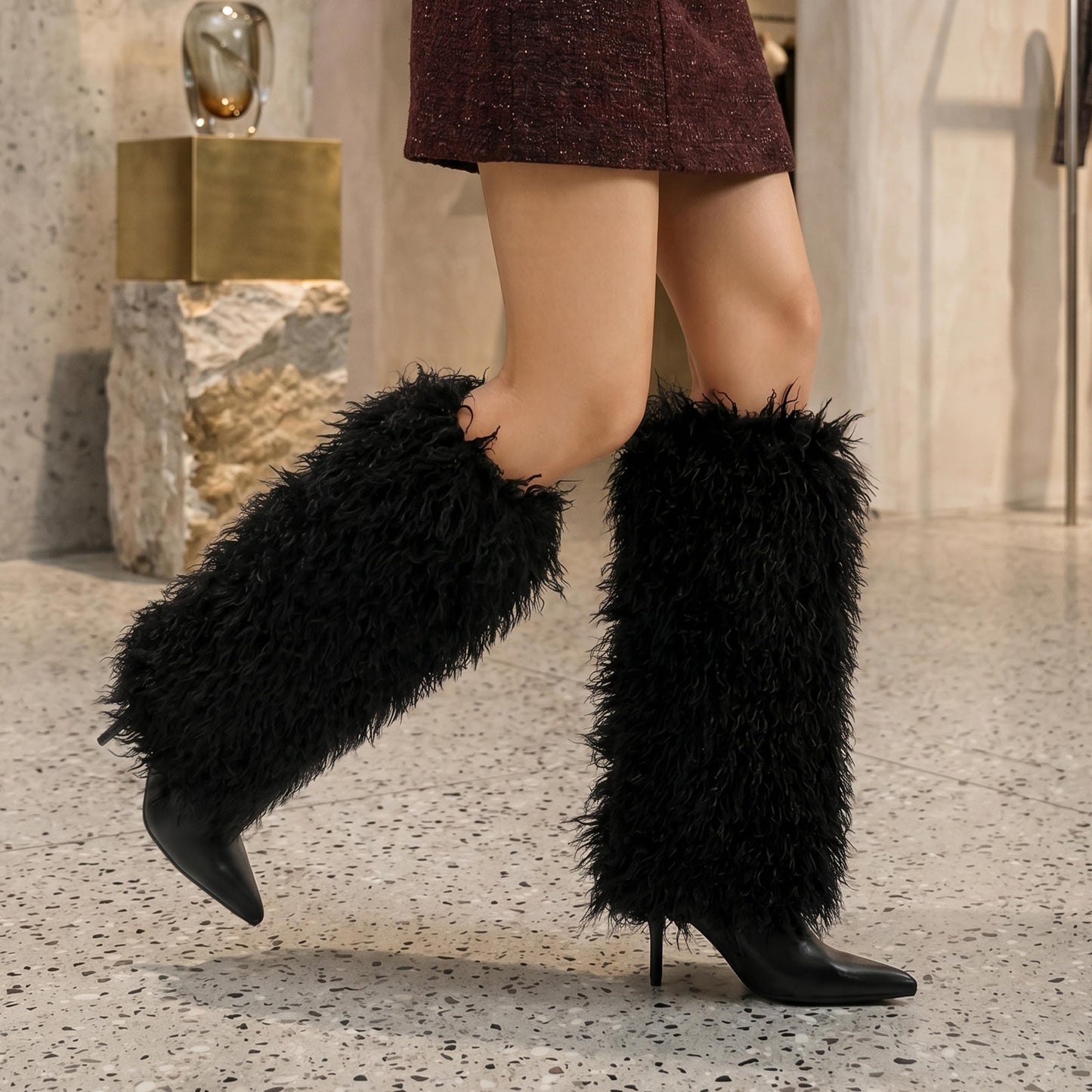 Fuzzy Knee High Fold Over Stiletto Heel Boots Black 10