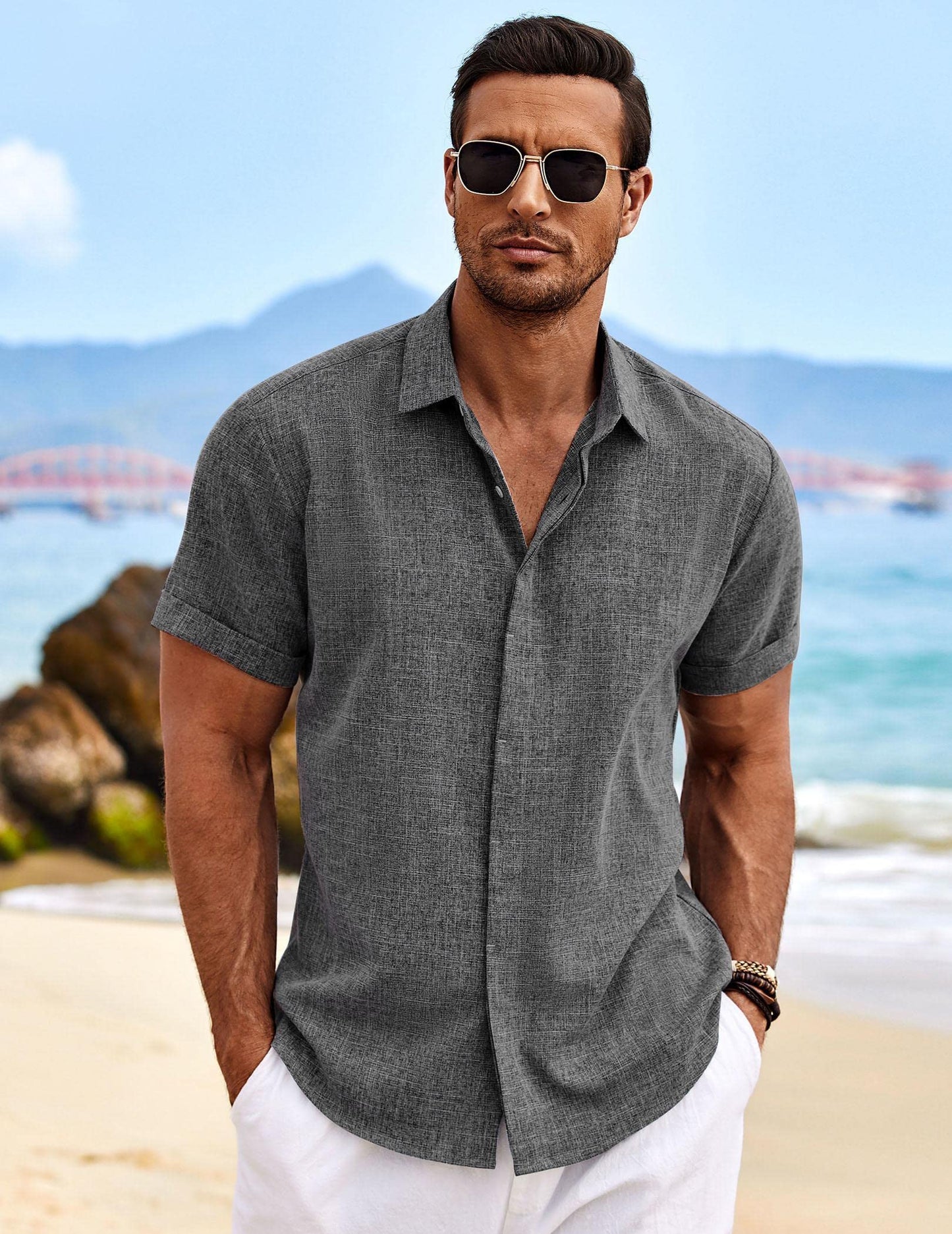 COOFANDY Men's Linen Wedding Shirts - Short Sleeve, Button Up, Casual, Relaxed-Fit Dark Grey