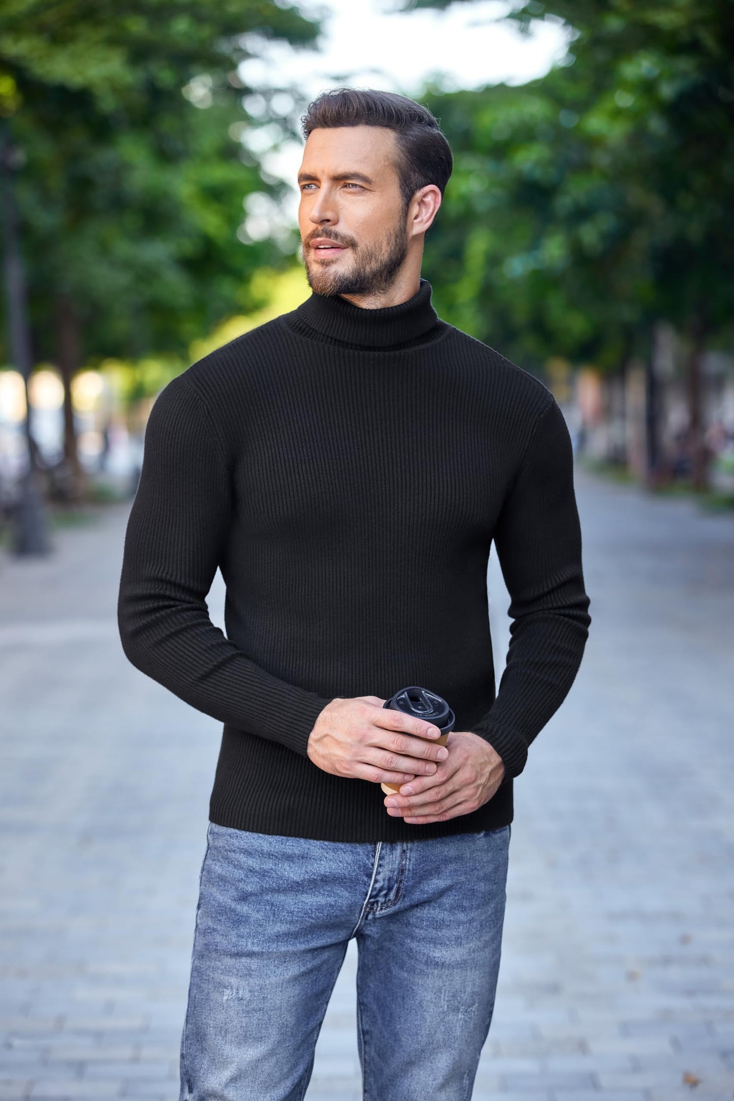 COOFANDY Men's Ribbed Slim Fit Knitted Pullover Turtleneck Sweater, Black, Medium
