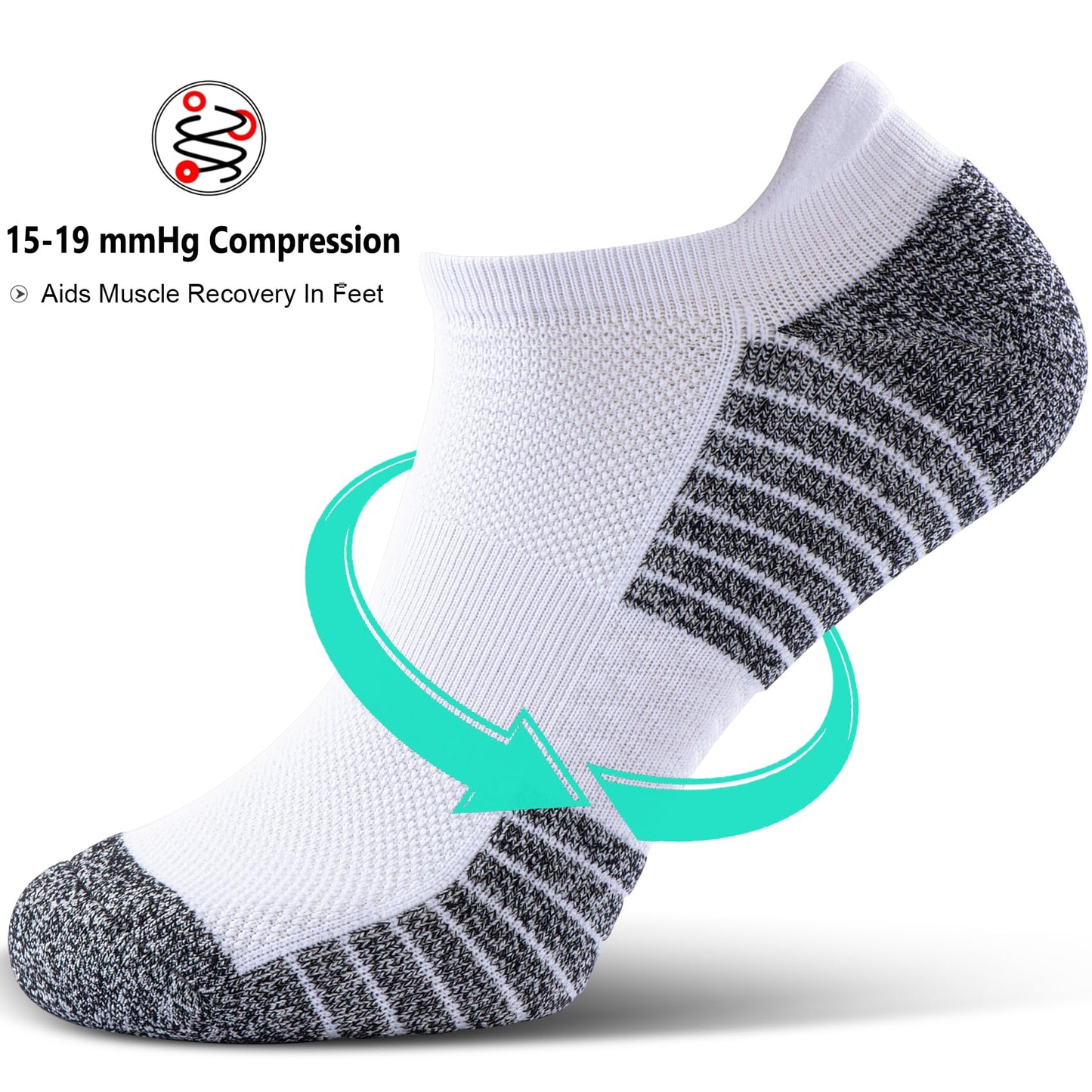 SITOISBE No Show Sports Compression Running Socks for Men Women Circulation 4-pairs, Low Cut Cushioned Socks Moisture Wicking Arch Support for Planter Faciatis Golf Exercise, White, Medium
