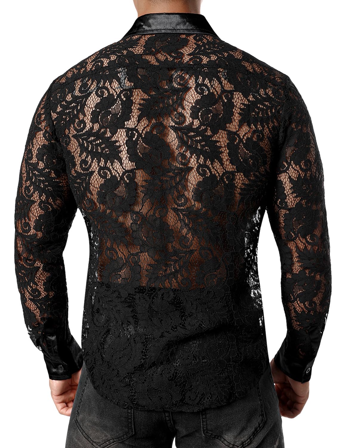 JOGAL Men's See Through Flower Lace Sheer Blouse Long Sleeve Button Down Shirts Black Large
