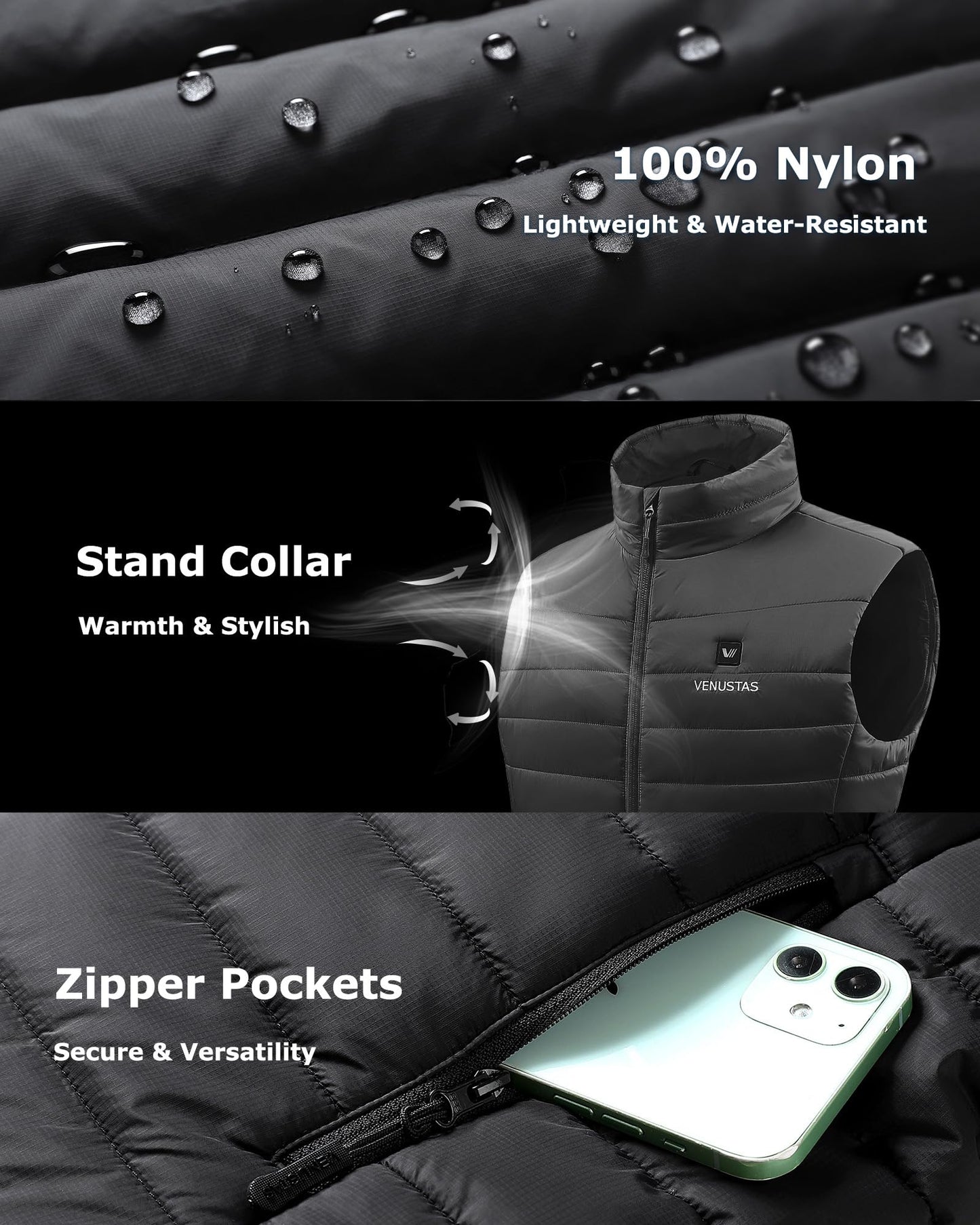 Venustas Men's Heated Vest with Battery, Up to 20 Hours of Warmth, Winter Quilted Vest for Outdoor