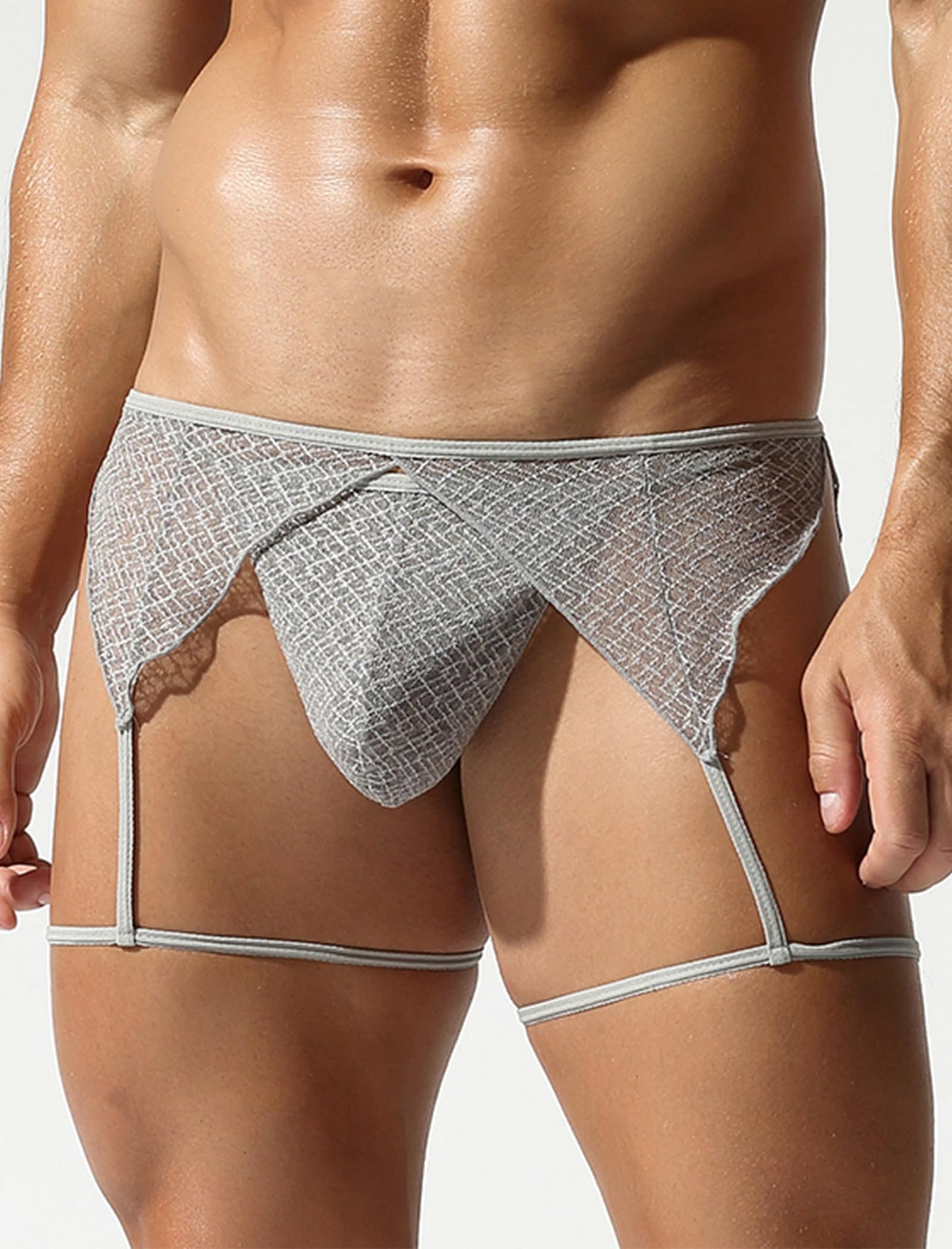 Men's Sissy Lingerie Sheer Mesh G-string Thong Lace Panties with Garter Band Crossdresser Underwear Light Gray Medium