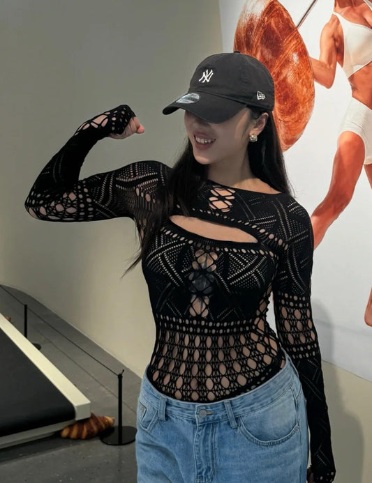 ST.Manrdy sexy club outfits for women fishnet bodysuit exotic wear dancer outfits Tights Bodycon Jumpsuit(Black)