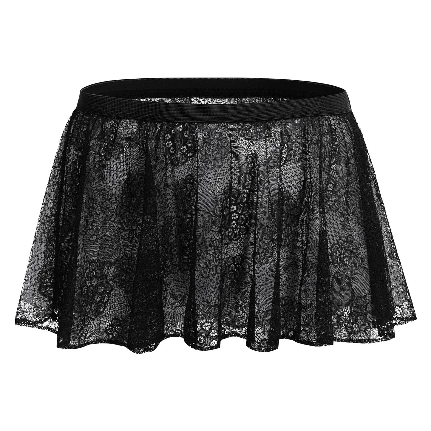 ABAFIP Sissy Skirts for Men Crossdressing Lingerie Sheer Lace Floral Flared Pleated Micro Mini Skirt Nightwear Underwear Black One Size