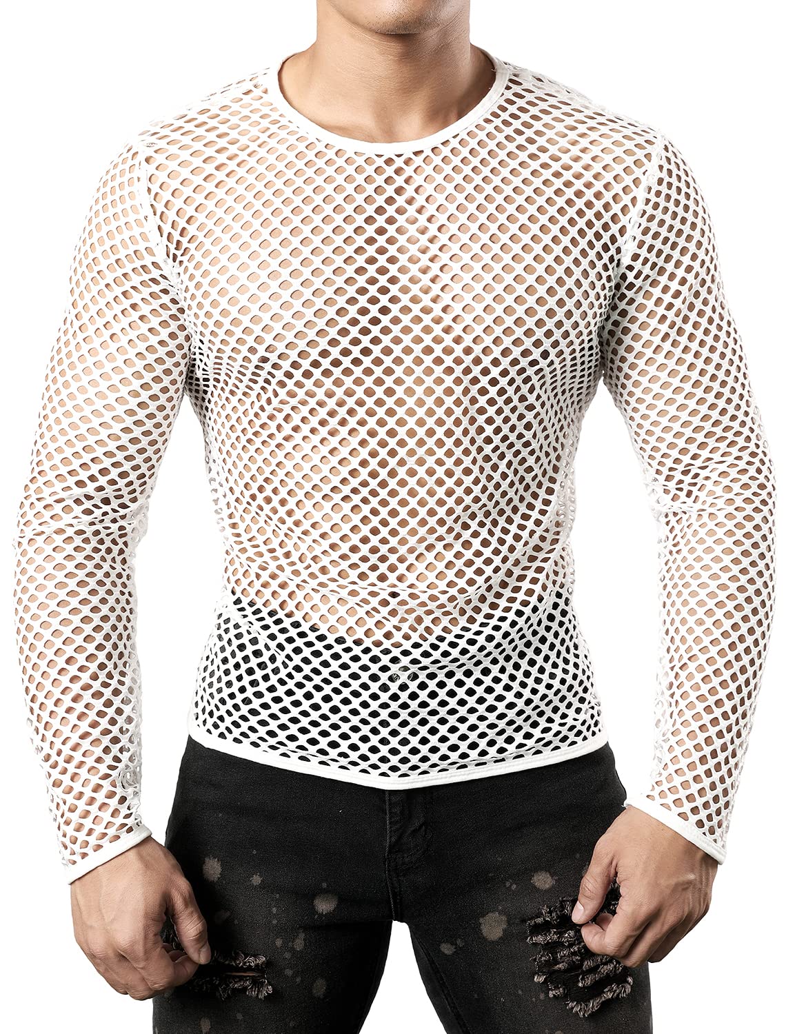 JOGAL Men's Mesh Fishnet Fitted Long Sleeve Muscle Top Medium WG04 White