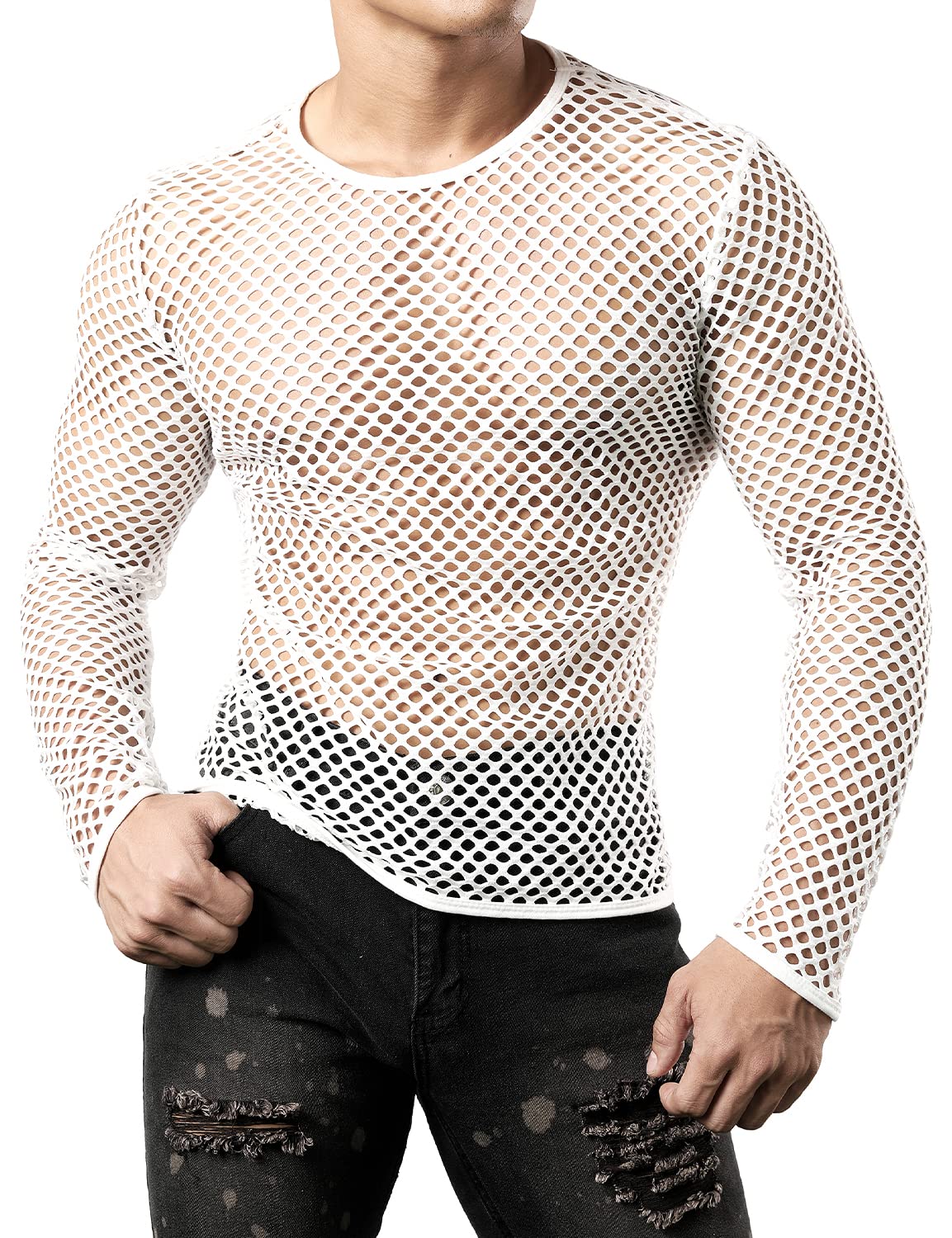 JOGAL Men's Mesh Fishnet Fitted Long Sleeve Muscle Top Medium WG04 White