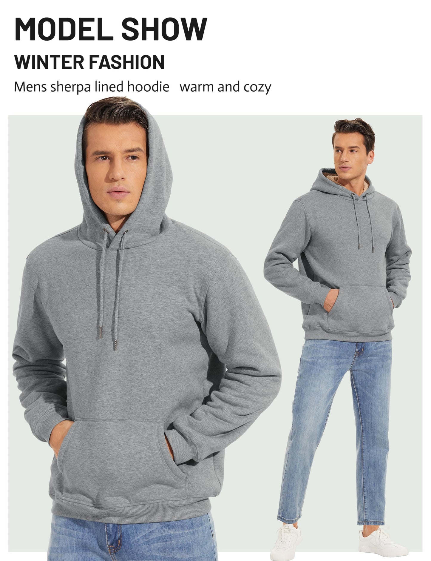 TACVASEN Hoodies for Men Pullover Sweatshirt Fleece Lined Sweatshirts Fashion Hoodies Athletic Sweatshirts Winter Cotton Hoodies Light Gray