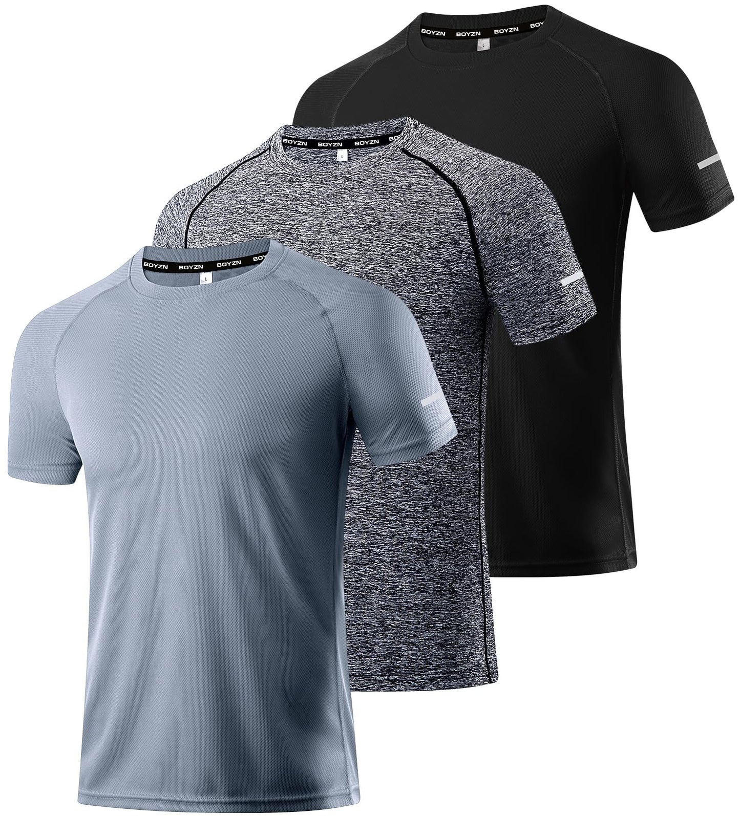 Men's 3 Packs Sport Shirts Fitness Tops Training Shirts Dry Fit Performance Workout Athletic Running Short Sleeve T-Shirt Tops Black/Gray/HGrey-3P03-L