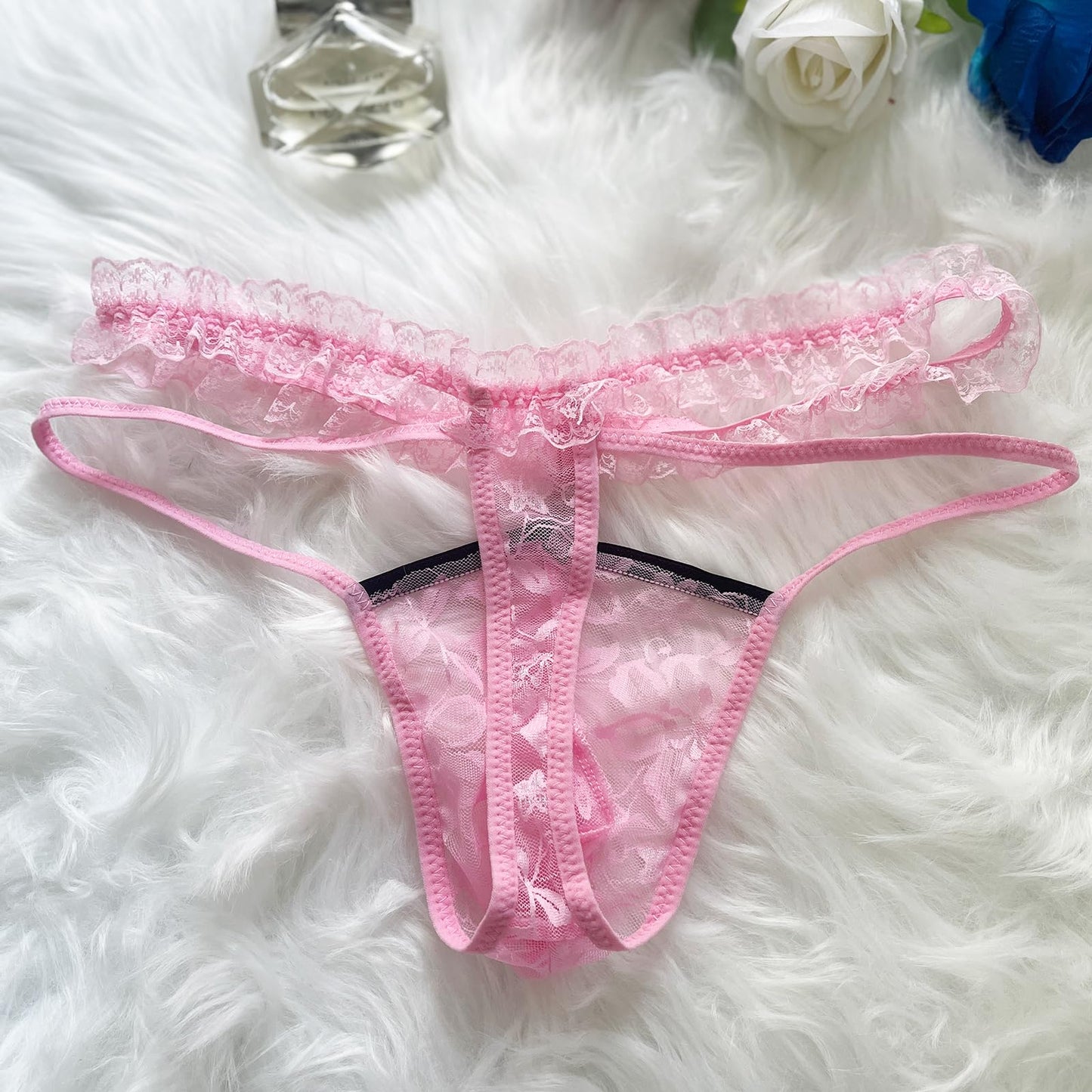 HAVBX Mens Lace Frilly Sissy Panties Pouch Thong, Feminine G string Underwear For Men Sexy Lingerie (US, Alpha, One Size, Regular, Regular, Pink)