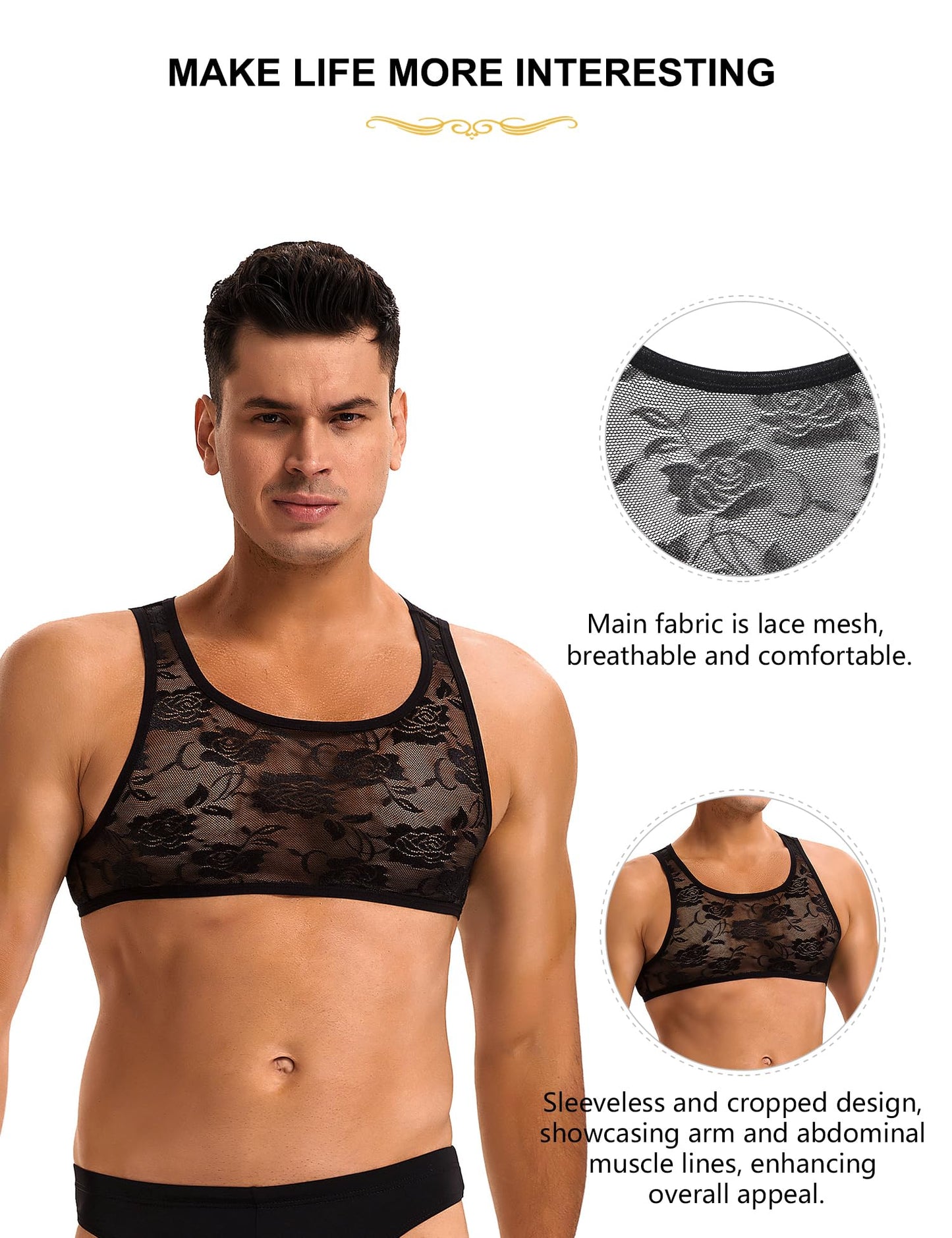 Mens Lingerie Sleeveless Sissy Clothes Sexy Lace Gay Lingerie Mesh Crop Tops For Men Floral Black M