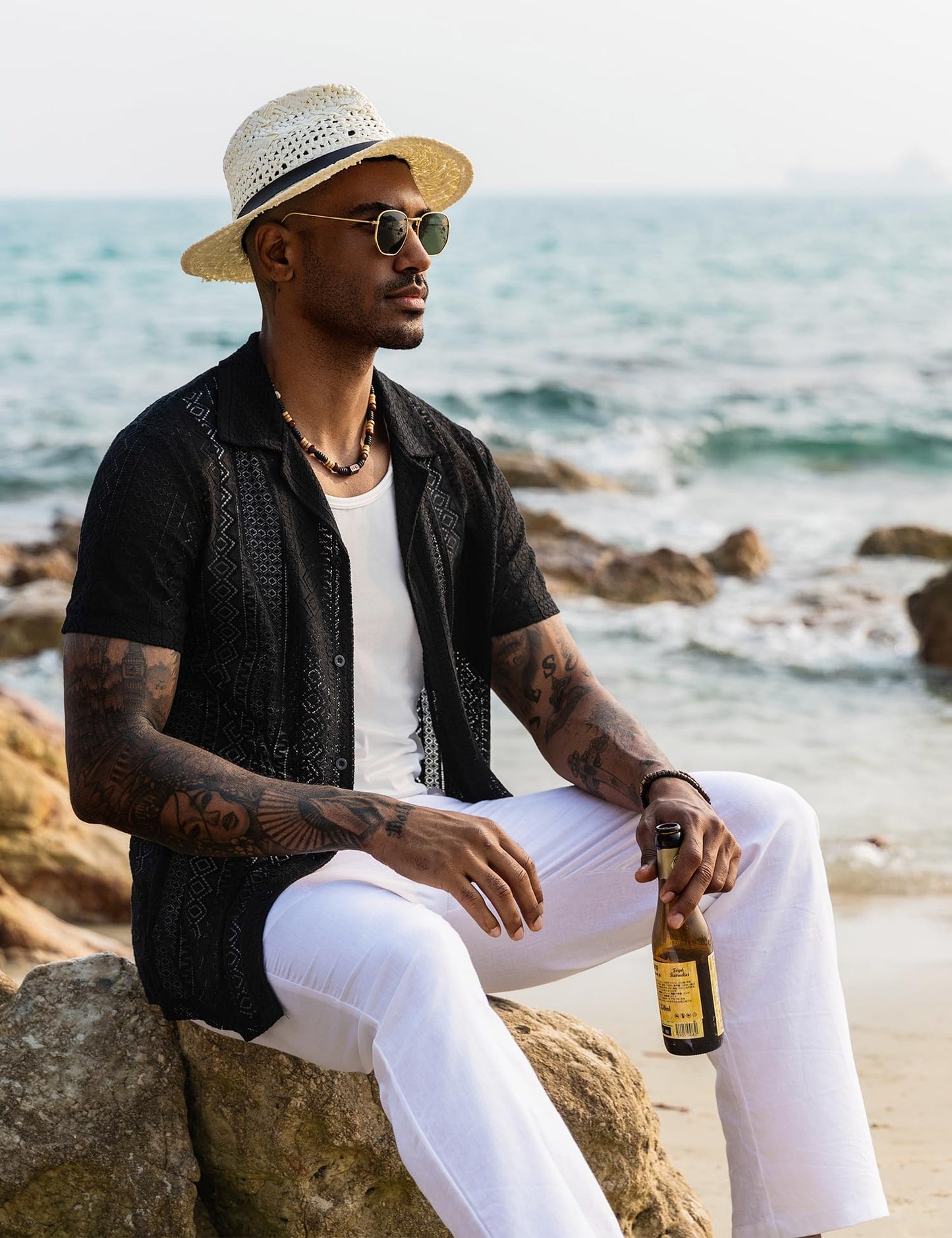 URRU Mens Floral Lace Shirt Short Sleeve Hollow Out Sheer See Through Casual Button Down Shirts Black Wave S