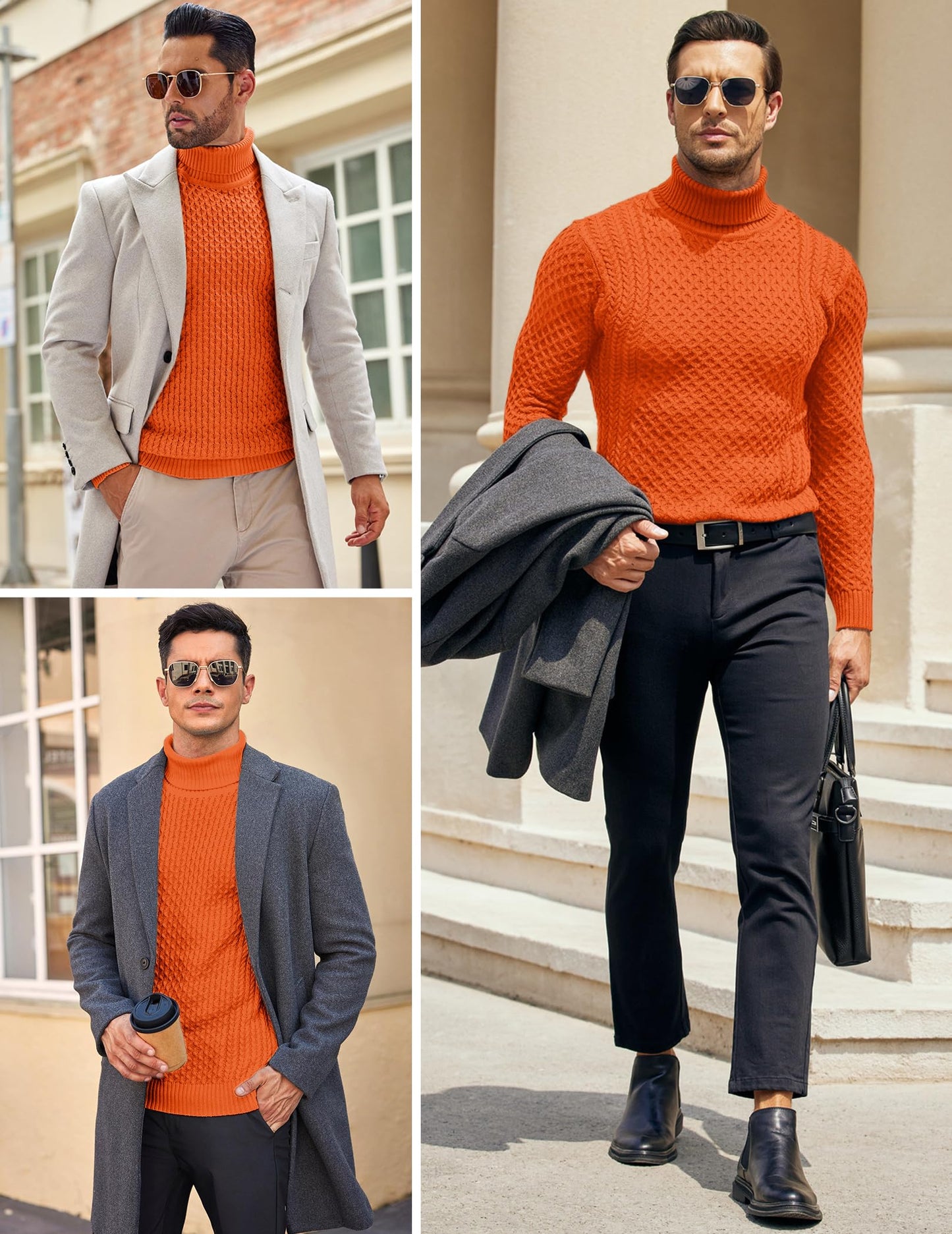 COOFANDY Men's Slim Fit Turtleneck Sweater Casual Knitted Twisted Pullover Solid Sweaters Orange