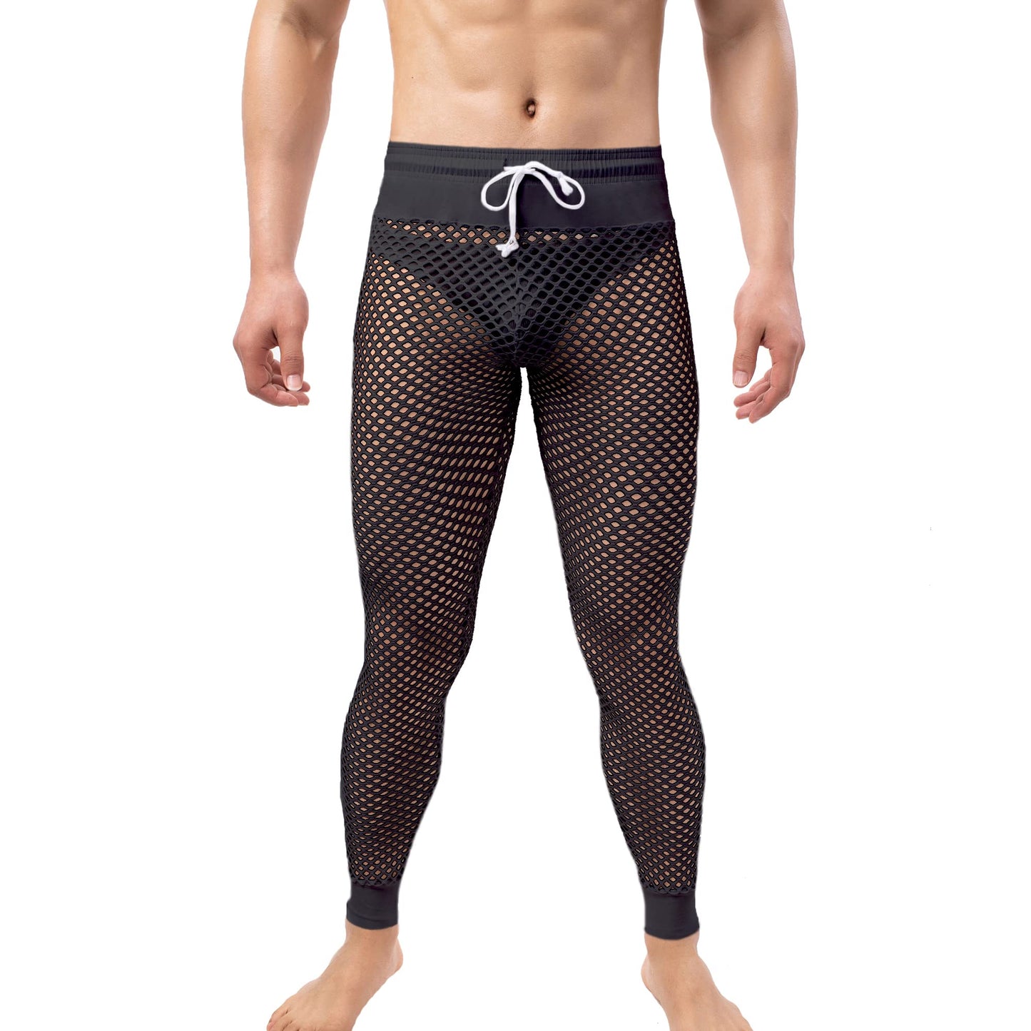 WINTOFW Men's Mesh Fishnet Pants See Through Drawstring Long Loung Pajamas Muscle Leggings Underpants Underwear