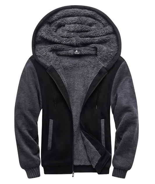SCODI Hoodies for Men Heavyweight Fleece Sweatshirt - Full Zip Up Thick Sherpa Lined Hooded Jacket Black Grey XL