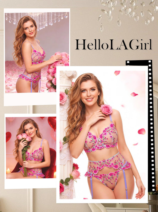 Lingerie Set Floral Embroidery with Garter Belt Pink