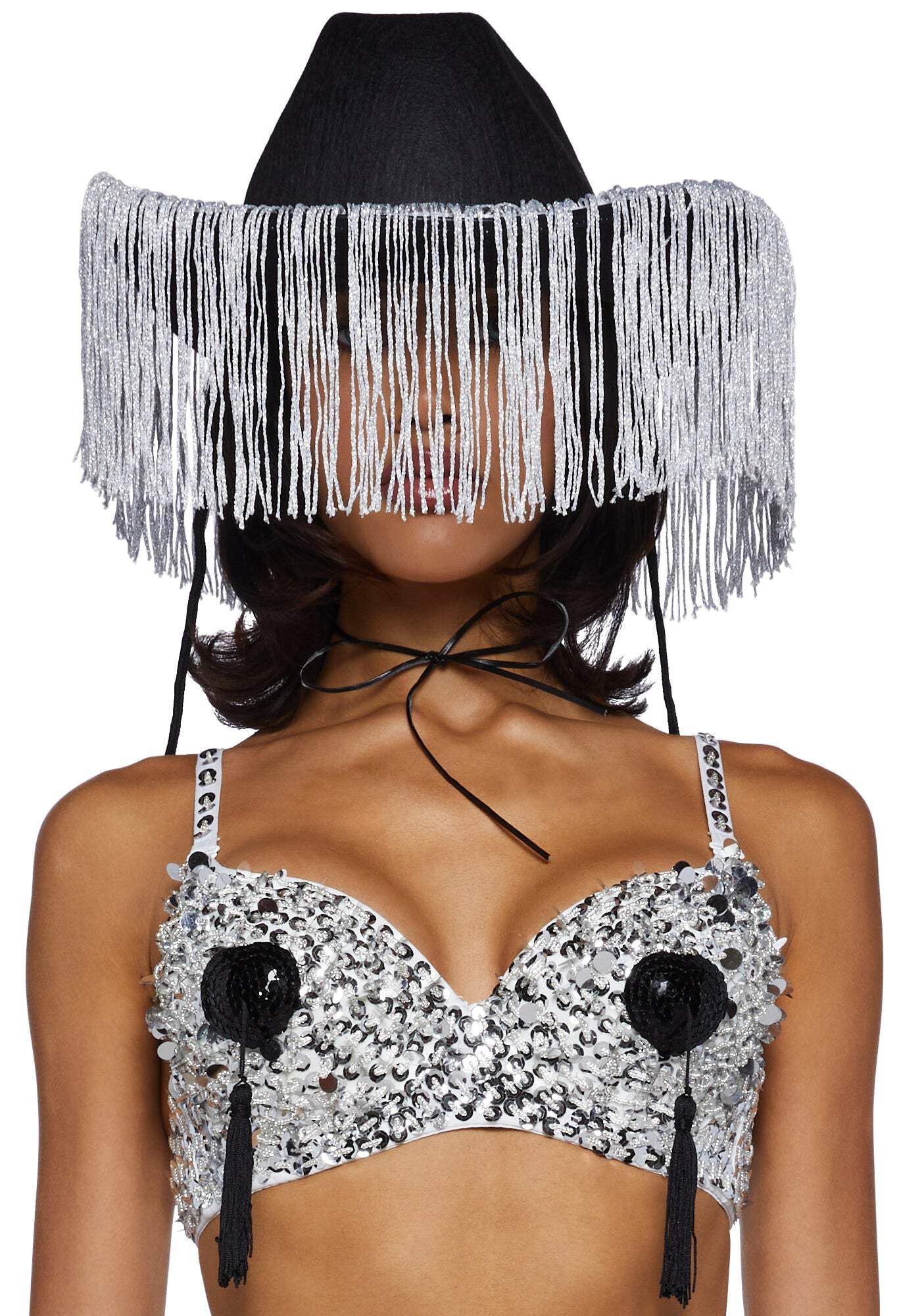 Dolls Kill Giddy Up Rhinestone Cowgirl Costume by Trickz N’ Treatz – Women’s Sequin Bra Top with Fringe Chaps & Hat, Black, Medium
