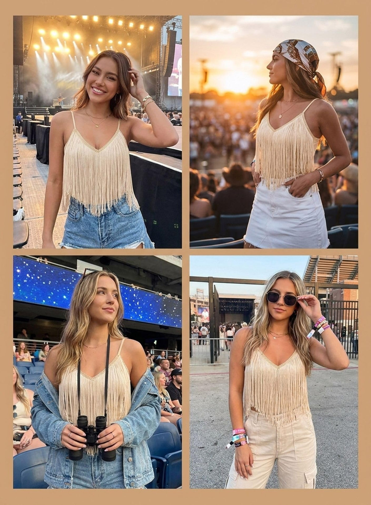 Womens Western Cowgirl Fringe Tops - Country Concert Outfits Rodeo Shirt(Khaki,L,10742a)