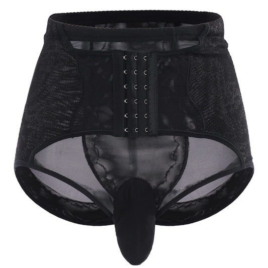 Men's Tummy Control Shapewear Underwear High Waist Body Shaper Slimming Girdle Waist Trainer Corset Lace Briefs Crossdress Lingerie Black X-Large(US Medium)