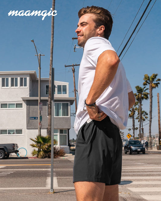 maamgic Men's 5 Inseam Shorts Casual Classic Fit Short Men with Multi-Pocket Mens Workout Shorts Hybrid Quick Dry Shorts Black Medium