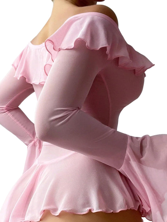 Neohouny Women's Exotic Lingerie Sets Babydoll Lingerie Set Mesh Long Sleeve Tops Music Festival Bridal Outfits Pink S